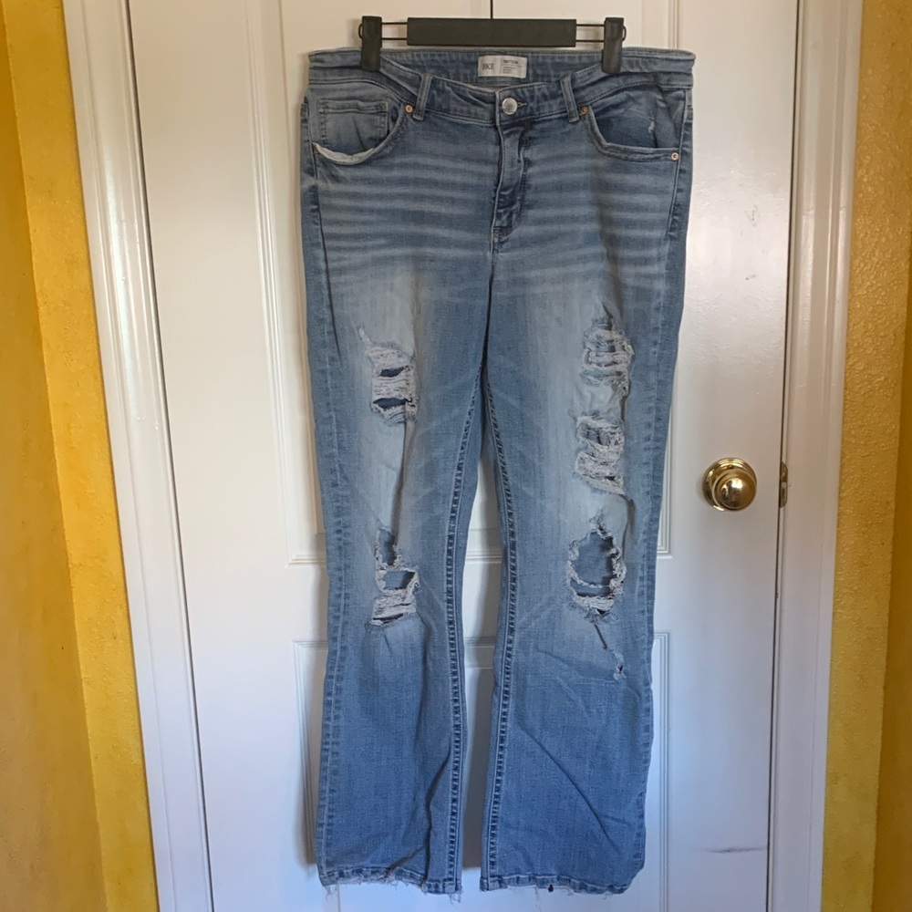 BKE Light Blue Distressed Straight Leg Jeans